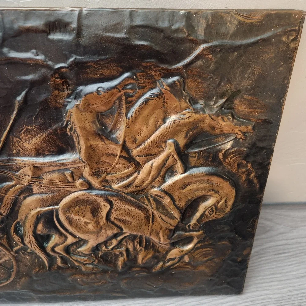 Vintage Cooper Greek Chariot Wall Art Plaque Relief Hand Hammered Mythology Mid